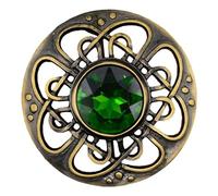 Kilt Emporium Culloden Plaid Brooch - Antique Finish Celtic Kilt Pin, Various Gemstone Colors, 3-Inch Diameter (Green - Brass Antique)