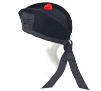 Kilt Emporium Scottish Piper Glengarry Hat Pure Wool Military Cap with Red Pom Pom Breathable Lined Comfortable Fit, Black, 7 1/4