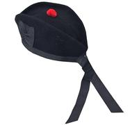 Kilt Mania Scottish Military Glengarry Cap, Black Wool Highland Hat, Traditional Balmoral Bonnet with Polyester Cotton Ribbon (UK, Numeric, 7 1/2, Black Wool)