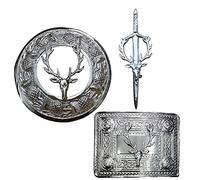Kilt Pin Belt Buckle and Fly Plaid Brooch Stag Head Style Badge Set Chrome Finish