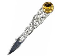 Kilt Pin - Celtic Design with Gemstone, Scottish Kilt Pin Brooch for Men Rustproof Secure Clutch Lock, Chrome Finish Highland Kilt Accessory (Silver - Yellow)