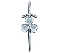 Kilt Pin for Men - Scottish Pins Brooches Swirl Knotwork Silver Finish, Highland Kilt Brooch Celtic Solid Brass Sword Design Chrome Finish 10cm (Irish Shamrock Sword)
