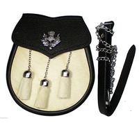 Kilt Sporran Thistle Crest White 3 Tassles Chrome FINDINGS for Kilts