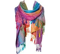 Kilts Boutique Rainbow Paisley Pashmina Scarf, Luxury Soft Silk-Feel Shawl Wrap, Boho Multicolour Fashion Stole with Fringe, Lightweight Winter Travel Scarf