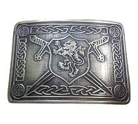 Kilts Boutique Solid Brass Rampant Lion Kilt Belt Buckle - Antique Brass Celtic Knot & Claymore Design - Scottish Highland Dress Accessory - Fits Standard 2.25″ Kilt Belts