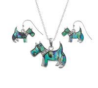 Kilts Wi Hae Tide Jewellery Inlaid Paua Shell Scottie Dog Necklace & Dangly Earring Set