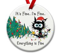 Kilyhome Funny Christmas Hanging Ornaments, Black Cat Tree Ornament, Gifts for Cat Lovers - It's Fine I'm Fine