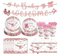 Kilyparty 142pcs Greenery Gender Reveal Baby Shower Supplies Party Boho Greency Party Decorations Tableware Set Dessert Plates Napkins Forks for 20 Guests (Pink)