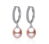 Kim Johanson Nora Women's Pearl Earrings 925 Sterling Silver with Real Pink Freshwater Pearls and Zirconia Stones Including Jewellery Bag, Cubic Zirconia