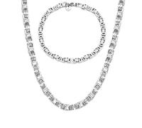 Kim Johanson® Stainless Steel Men's Byzantine Chain Set in Silver, Bracelet and Necklace, Wide Chain for Men, Waterproof, Thick Bracelet, 5 mm Wide, Various Lengths, Solid Silver Chain, 50 CM