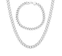 Kim Johanson Stainless Steel Men's Curb Chain Set in Silver, Bracelet and Necklace, Wide Chain for Men, Waterproof, Thick Bracelet, Various Lengths, 6 mm Wide, Solid Silver Chain, 45 cm, Stainless