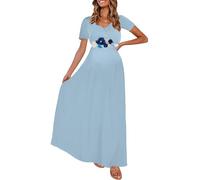 KIM S Maternity Long Maxi Dress with Flower Sash(S-3XL)/Wrapped Ruched V Neck Photoshoot Baby Shower Dresses, Dusty Blue, S