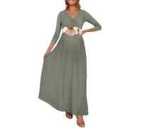 KIM S Maternity Maxi Dress with Flower Sash(S-3XL)/Wrapped Ruched V Neck Photoshoot Baby Shower Dresses, Ltolive, Large