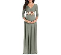 KIM S Maternity Maxi Dress with Flower Sash(S-3XL)/Wrapped Ruched V Neck Photoshoot Baby Shower Dresses, Ltolive, Large