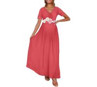 KIM S Maternity Maxi Dress with Flower Sash(S-3XL)/Wrapped Ruched V Neck Photoshoot Baby Shower Dresses, S. Papaya, XL