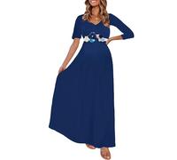 KIM S Maternity Maxi Dress with Flower Sash(S-3XL)/Wrapped Ruched V Neck Photoshoot Baby Shower Dresses, Navy Blue, XXL