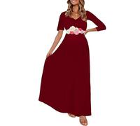 KIM S Maternity Maxi Dress with Flower Sash(S-3XL)/Wrapped Ruched V Neck Photoshoot Baby Shower Dresses, Burgundy, XXL