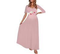 KIM S Maternity Maxi Dress with Flower Sash(S-3XL)/Wrapped Ruched V Neck Photoshoot Baby Shower Dresses, Dusty Pink, XXL