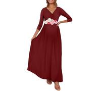 KIM S Maternity Maxi Dress with Flower Sash(S-3XL)/Wrapped Ruched V Neck Photoshoot Baby Shower Dresses, Burgundy, S
