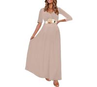 KIM S Maternity Maxi Dress with Flower Sash, Wrapped Ruched V Neck Photoshoot Dress with Pocket - Beige - Large
