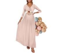 KIM S Maternity Maxi Dress with Flower Sash, Wrapped Ruched V Neck Photoshoot Dress with Pocket - Beige - Medium