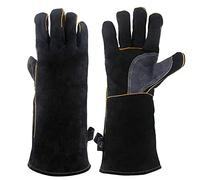 KIM YUAN Extreme Heat & Fire Resistant Gloves Leather with Kevlar Stitching,Perfect for Fireplace, Stove, Oven, Grill, Welding, BBQ, Mig, Animal Handling, Black-Grey 14&16 inches (14in black)
