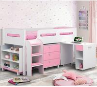 Kimbo Single Pink and White Wooden Kids Mid Sleeper Cabin Bed with Desk Storage - 3ft - Happy Beds