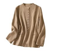 KIMCCI Blazer For Women, Cotton Linen Blazer Jacket Suit Summer Long Sleeve Folk-Custom Cardigan Collarless Work Casual Blazer Suits Jacket For Ladies Lightweight Translucent Suit Jacket,Khaki,Xl