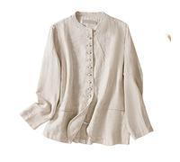 KIMCCI Womens Blazer, Cotton Linen Blazer Jacket Suit Summer Long Sleeve Folk-Custom Cardigan Collarless Work Casual Blazer Suits Jacket For Ladies Lightweight Translucent Suit Jacket,Beige,L