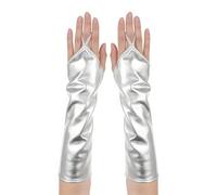 KIMHOME 1Pcs Shiny Silver Metallic Fingerless Gloves, Women's Patent Leather Evening Gloves for Alien Costume Cosplay Halloween & Party