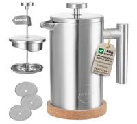 KIMIJO® French Press Coffee Maker, Brushed Stainless Steel, Includes 3 Replacement Filters & Cork Coasters, Double Walled with Warming Function, 0.60 Litres, 3 Cups