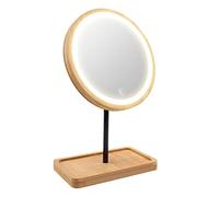 Kimikata LED Lighted Makeup Mirror Vanity Light Up Mirror with 3 Lights, Cordless USB Rechargeable Battery, Rotation, Small Bamboo Wood Beauty Storage Organizer, Tabletop Stand, Circular Ring Light