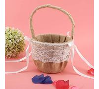 KIMISS Elegant White Flower Basket for Weddings - Satin Decorated Cotton and Linen Lace Flower Basket for, Daughters, and Nieces
