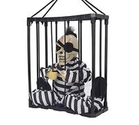 KIMISS Halloween Scary Skull Cage Prisoner with Glowing Eyes - Spooky Ghost Prop Screaming Get Me Out! - Battery Powered Haunted House Decoration (Hairstyle Ghost)