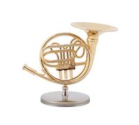 KIMISS Miniature French Horn Ornament: 4in Golden Brass Replica with Stand Home Decoration, Musicians and Music Lovers