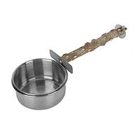 KIMISS Wood Bird Perch, Parrots Stainless Steel Feeding Cups with Clamp Holder Feeders Birds Water Food Bowl StandL Bowls Dish Feeder for Coc L Conure Budgies Parakeet & Watering (L)