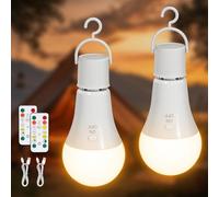 Kimjo E27 Rechargeable Light Bulb with Remote Control 2 Pack - 3 Color Temperatures Dimmable 7W Battery Operated Light Bulb with Hook Botton Control Timer - A19 Wireless Light Bulb for Lamp Camping