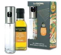 Kimm & Miller La Cucina D'Oro Oil Spray Bottle Set - 90ml Glass Sprayer & 180ml Garlic Infused Sunflower Oil - For Air Fryers, Cooking, Roasting & Salads
