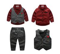 Kimocat Boys 3Pcs Clothing Sets Elegant Long Sleeve Shirts + Vest with Flower+Pants Party Suit, Red, 4-5 Years