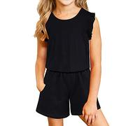 Kimoda Girls Jumpsuits Rompers Ruffle Sleeve Romper Shorts with Pockets Summer One Piece Playsuit Outfits for Girl 6-13 Years, A-black, 12-13 Years