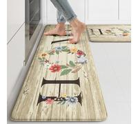 KIMODE Anti Fatigue Kitchen Mats for Floor 2 Piece,Farmhouse Floral Rugs Cushioned,Comfort Memory Foam Carpet Non Slip for Sink Laundry Office Bathroom,Beige 17"x47"+17"x29"