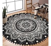 KIMODE Boho Round Rugs Living Room 120cm, Non Slip Area Rugs for Bedroom Mandala Soft Machine Washable Rugs Living Room with Pom Poms Fringe Circle Entryway Rug for Bedroom Living Dining Room (Black)