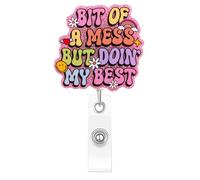 Kimoli Funny and Cute Nurse Badge Reel Pink Nursing Badge Reel Retractable Bit of a Mess but Doing My Best Id Card Holder with Clip for Rn Healthcare Doctor Medical Worker