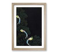 Kimono Design with Three Colourful Birds Framed Print | A2 Oak Framed Wall Art | Ready to Hang | Modern Nature Picture | Living Room Bedroom Lounge Office