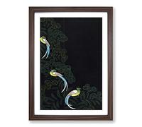 Kimono Design with Three Colourful Birds Framed Print | A2 Walnut Framed Wall Art | Ready to Hang | Modern Nature Picture | Living Room Bedroom Lounge Office