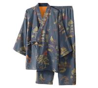 Kimono Men's Japanese Cotton Pyjamas with Jacquard Plus Size Short Sleeve Top and Trousers Loose Comfortable Summer Sleepwear Pyjamas Set Soft Cuddly Leisure Suit Grey
