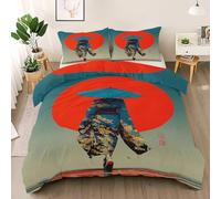 Kimono Ultra Soft Duvet Cover Double Size, Red Sun Bedding Set, Durable & Breathable Japanese Culture Comforter Cover Set, Ukiyo-E All Season Comfort Quilt Bedding Cover
