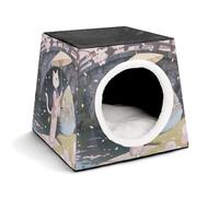 Kimono-Wearing-Witch-cat Cat Bed for Indoor Cats - Foldable Cat & Dog House with Removable Cozy Cushion, Waterproof Oxford Washable Pet House for Small Pets 13.8" X 13.8" X 11.8"