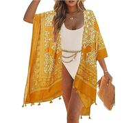 Kimonos for Women Casual Swimsuit Coverup Lightweight Boho Kimono Cardigans for Summer, Yellow Greek, One Size