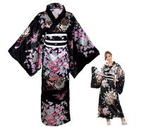 Kimonos for Women, Satin Geisha Yukata Dress with Belt, Floral Pattern Japanese Yukata, Traditional Blossom Kimono Robes (L, Black)